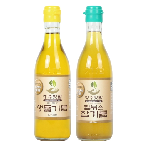 장수텃밭 덜볶아 더 건강하고 깔끔한 생들기름1병 + 덜볶은참기름1병 350ml, 2병 세트_이미지