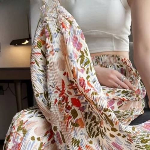주름 플라워 밴딩 와이드 팬츠 DE-240527/꽃무늬밴딩와이드팬츠/꽃무늬밴딩팬츠/꽃무늬밴딩와이드바지/플라