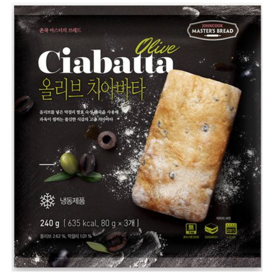 에쓰푸드 존쿡델리미트 마스터의 브레드 올리브 치아바타 3개입 240g (1개)
