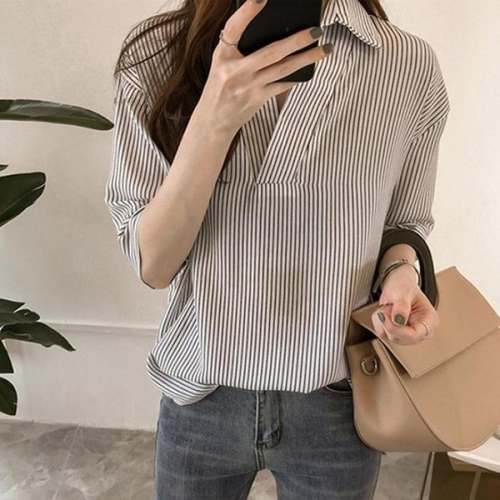 더블디 반오픈 카라 세로 스트라이프 5부 셔츠 LK-S014 10338169A