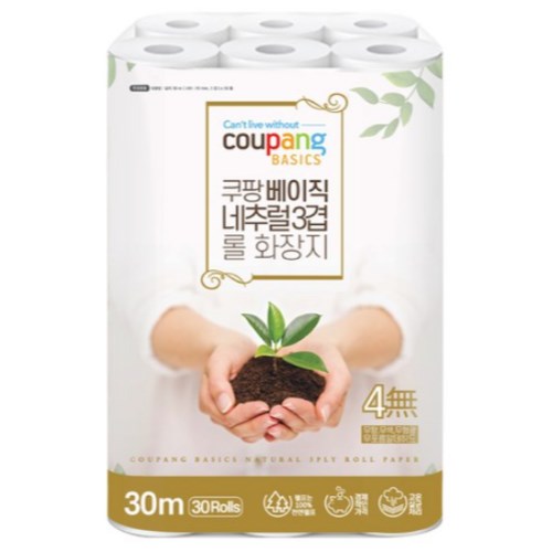 모나리자에스엠 쿠팡베이직 네추럴3겹 롤 화장지 30m (30롤) (2팩)