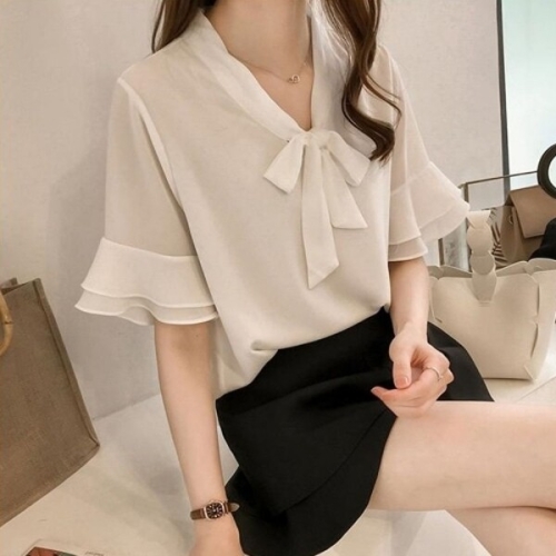 엄지척여성 여름 리본 장식 프릴 반팔 블라우스 셔츠_19644390_667501