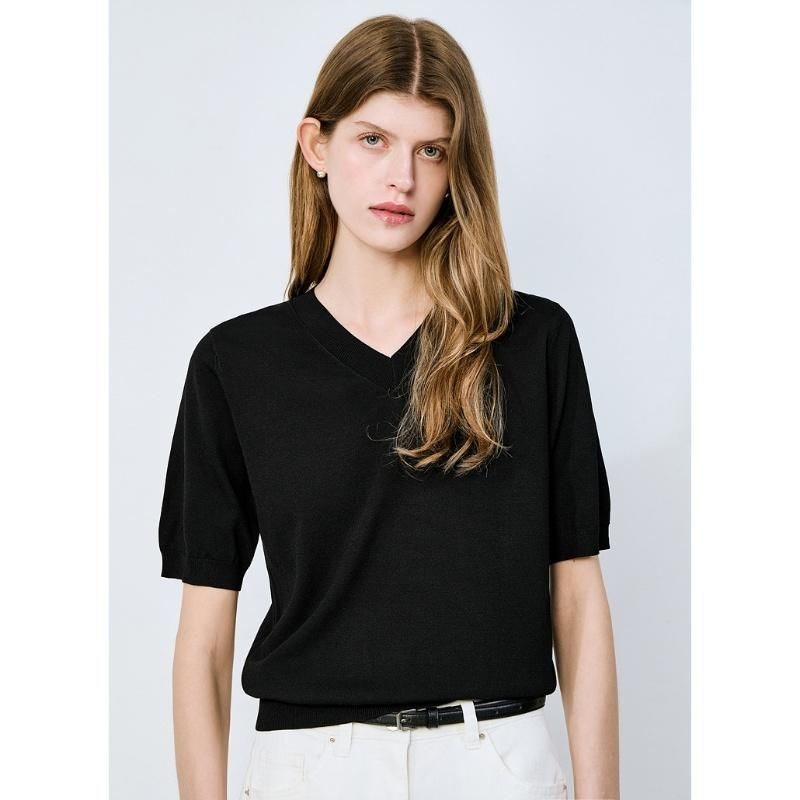 쉬즈미스 여성 심플 브이넥 반팔 니트 SSKPOO22170_이미지