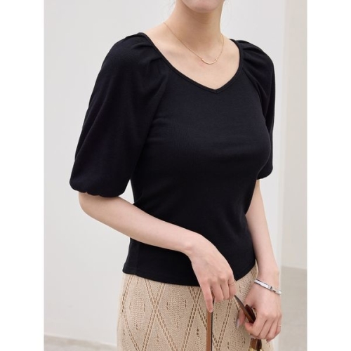 모리스커밍홈 와이드브이넥 볼륨소매 티셔츠_M2507TS089B