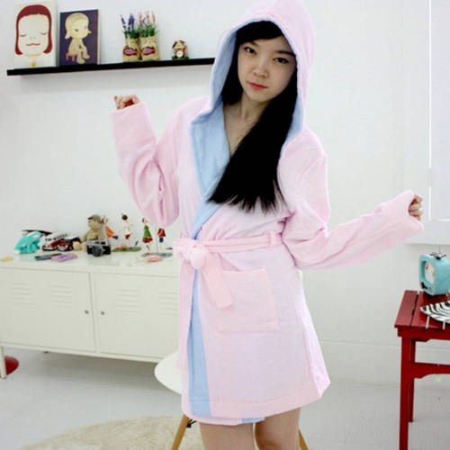 하하이아 핑크 배색후드 샤워가운