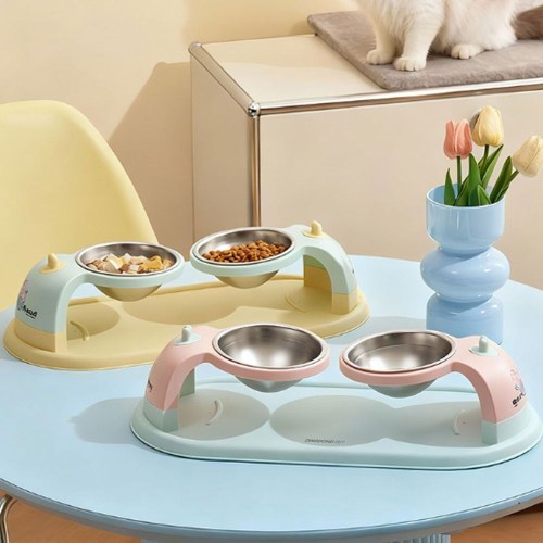 딩동펫 파스텔 무드 스텐 더블 보울 식기