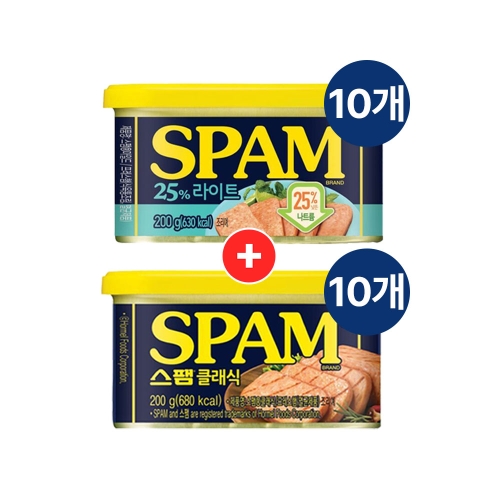 CJ제일제당 <b>스팸</b> <b>클래식</b> <b>200g</b> 10개 + <b>스팸</b> 25% 라이트 <b>200g</b> 10개