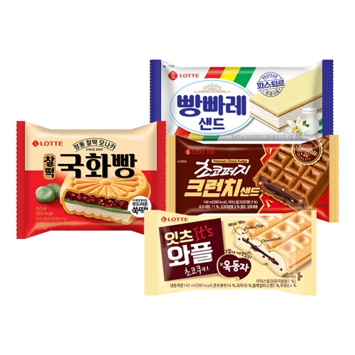 롯데 아이스크림 샌드류 24개 혼합구성 국화빵 찰떡 와플 모니카 빵빠레 샌드 초코퍼지 크런치 샌드_이미지