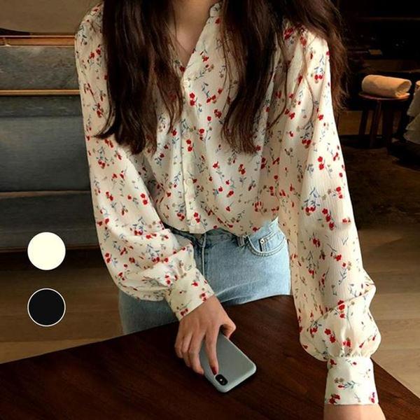 러블리 쉬폰 꽃무늬 블라우스 퍼프 긴팔 봄가을 S36121689_이미지