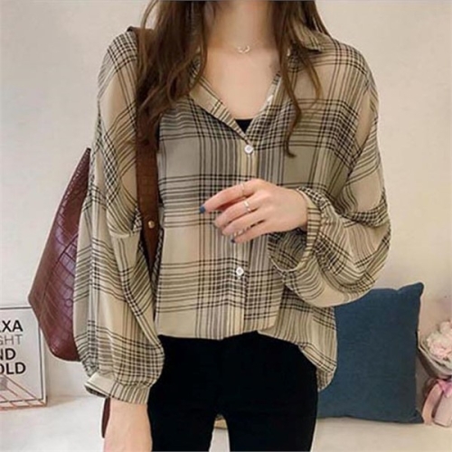  오노마 여성 빈티지 체크 무늬 레이온 데일리 여친룩 남방