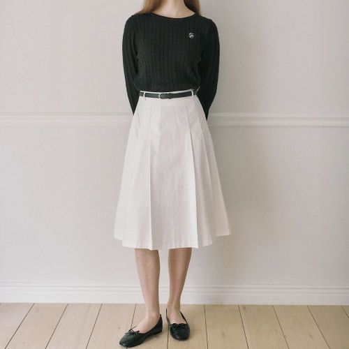 �ƿ�ȣ�� Belt Set Midi Pleats Banding Skirt White H-SK01-WHI