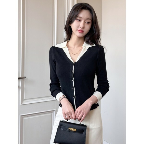 모리스커밍홈 브이넥 카라배색 슬림 가디건 배색가디건 여성가디건 니트가디건_M2504CD601A