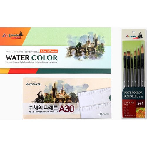 아트메이트 전문가용 수채화물감 7.5ml + 붓 6본입 + 파레트A30 세트이미지입니다. 누르면 해당 게시물로 새창이동합니다.