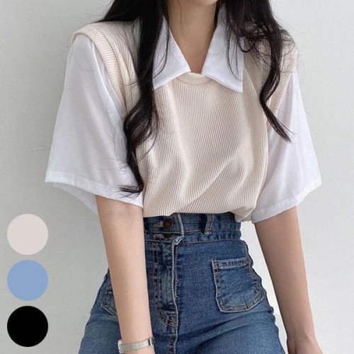 빅사이즈사랑해요 R037L407 페이크골지조끼배색티 DK S16744555_이미지