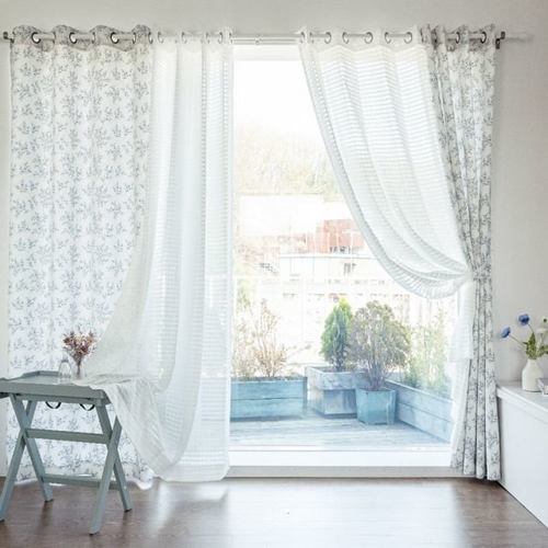 부강아이티 까르데코 크리미 플라워 암막+코코체크 레이스 긴창커튼 세트 (4장, 130x233cm)