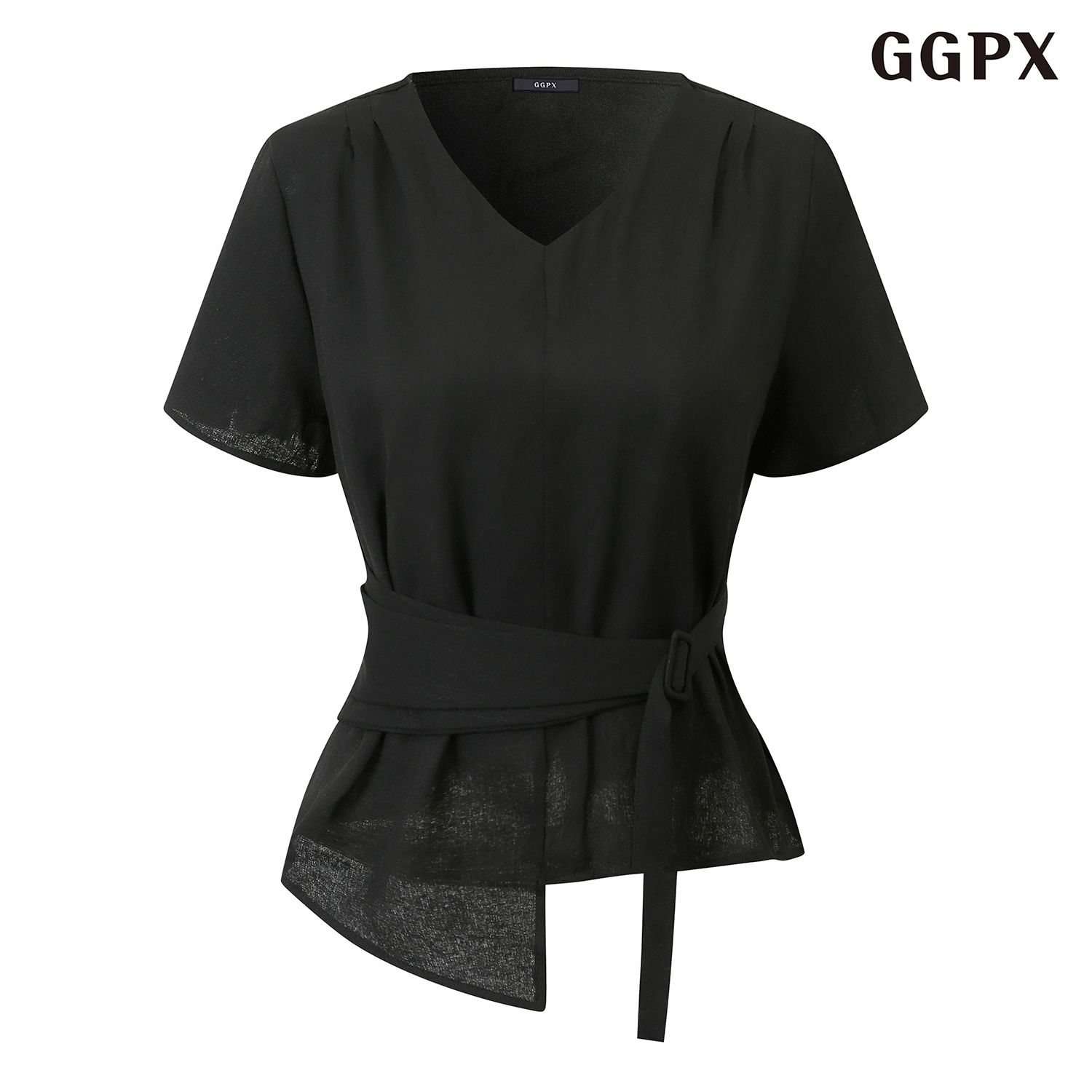 GGPX 슬림 랩 포인트 V넥 반팔 블라우스 GQBBA050D_이미지