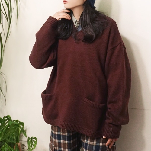 앞머리 고디바 울혼방 투포켓 브이넥 박시니트n112_이미지