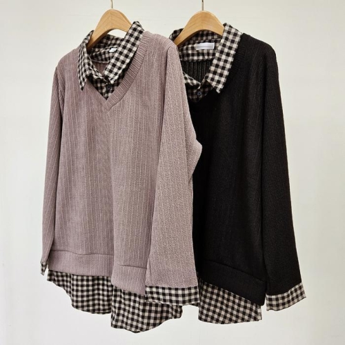 강물처럼 빅사이즈티 T014L 510 드로우체크레이어드티 RI 41724179A_이미지