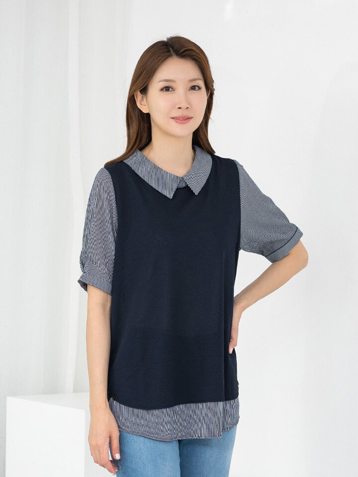 모슬린 엄마옷 카라 스트라이프 배색 반팔 티셔츠 614FGH420 마_이미지