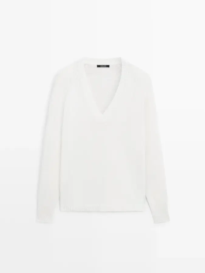 브이넥 코튼 블렌드 니트 스웨터 Weiss 5690573