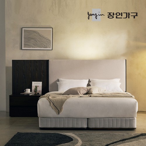 장인가구 까르뎅차콜 패브릭 호텔 투매트리스 LED침대 Q+800협탁 (유로탑독립)_이미지