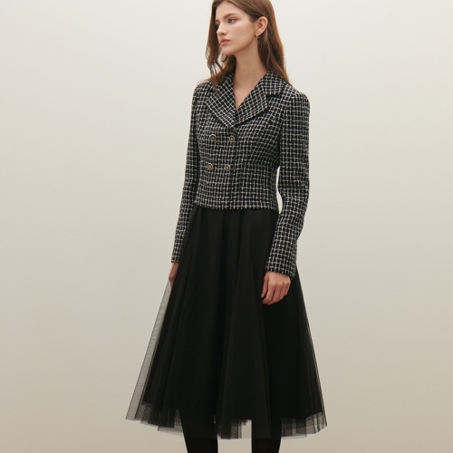 사틴 더블 체크 자켓 매쉬스커트 원피스 S254M602 420291_이미지