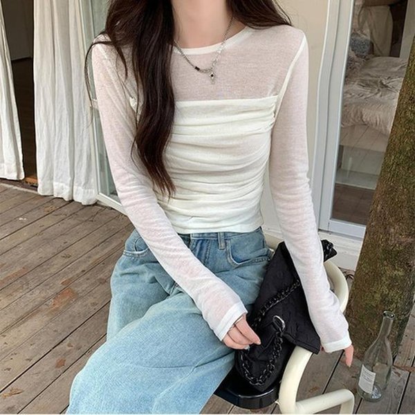 더블디 여성 모던 시스루 주름 슬림핏 티셔츠 TDN-0093 40363410A