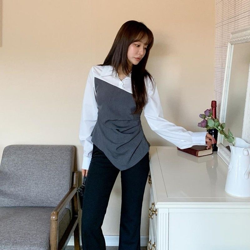 옷자락 여자 오피스룩 셔링 슬림핏 스프라이트 투톤 흰 셔츠_3 204253_이미지