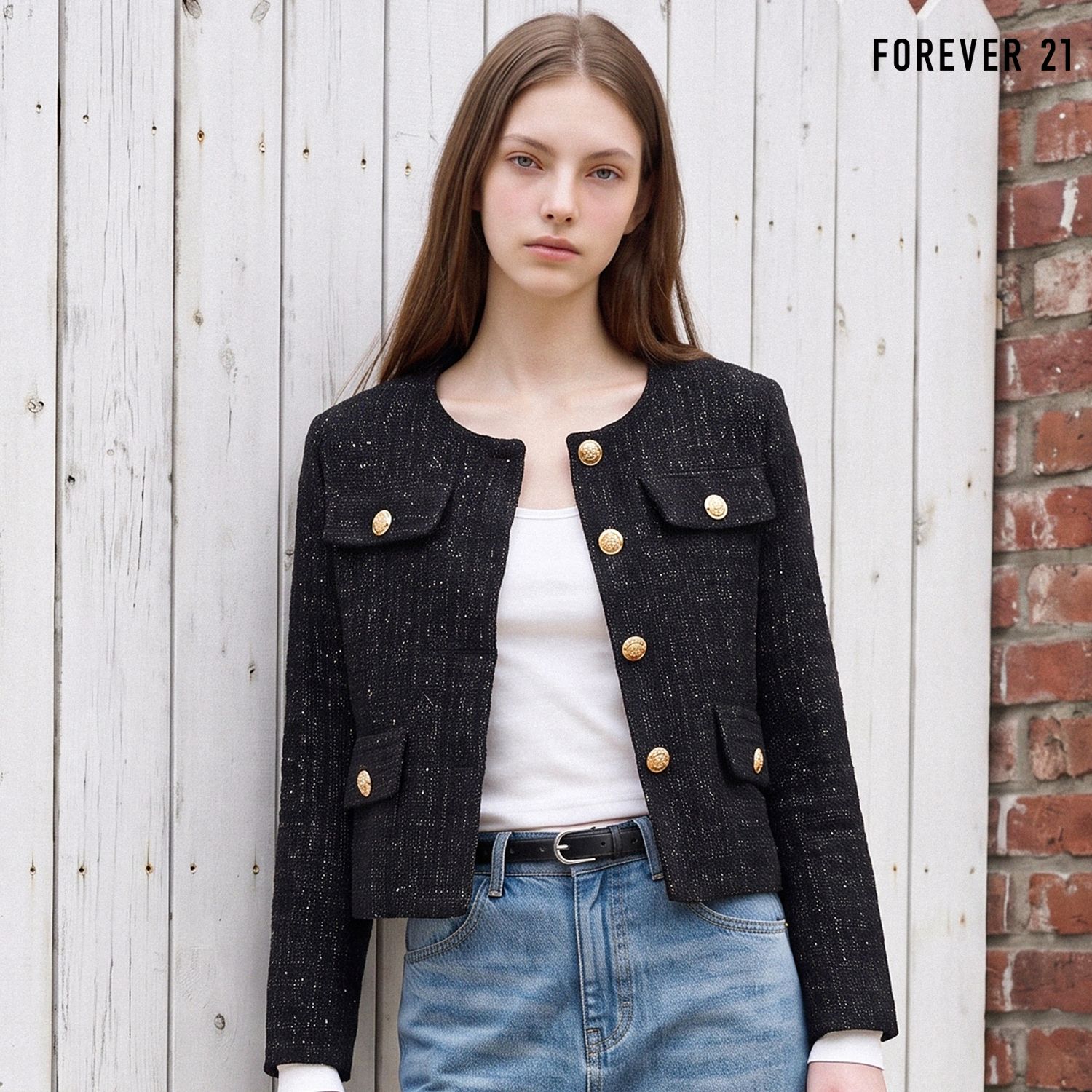 FOREVER21 라운드넥 심플 트위드 자켓 FTDCJK013