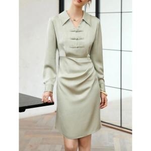 사틴 롱원피스 휴양지 DUSHU 여성용 긴 소매 중국 스타일 턴다운 칼라 V넥 블랙 롱 2 색 길이, 24DS83218_이미지