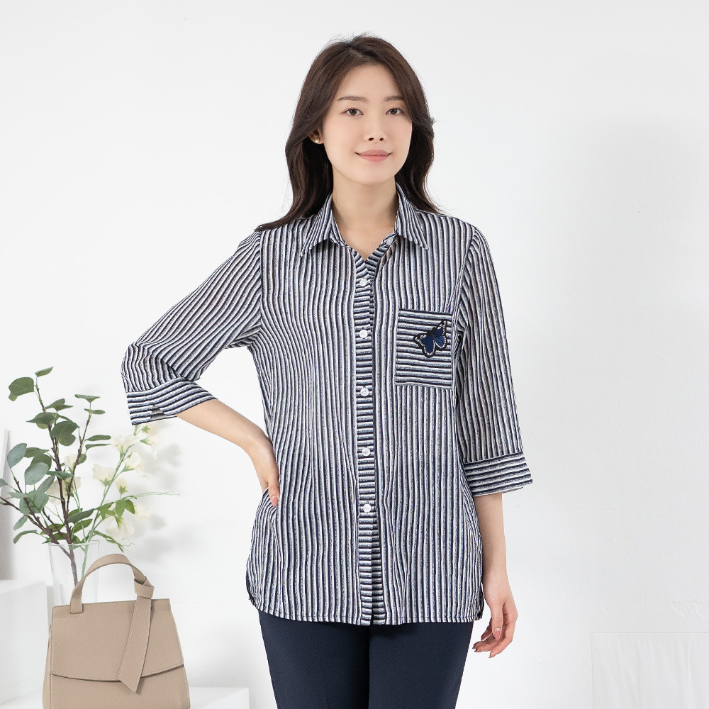 모슬린 엄마옷 엄마옷 단가라 나비 카라 7부 블라우스 614HJK108 중년여성/50대/60대/70대/빅사이즈/할머니_이미지
