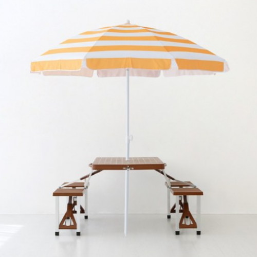 마켓비 로밀 파라솔 화이트 옐로우 + 캠폴 야외 의자일체형 접이식 테이블 4인세트 브라운