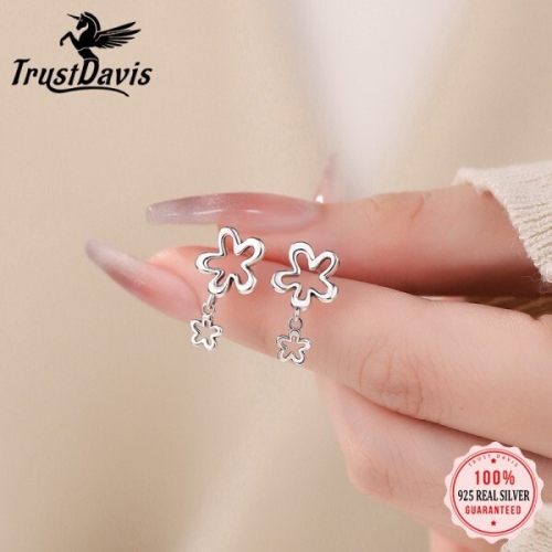 TrustDavis 925 실버 여성 꽃 귀걸이 패션 달콤한 두 스터드 보석 선물 DS4289