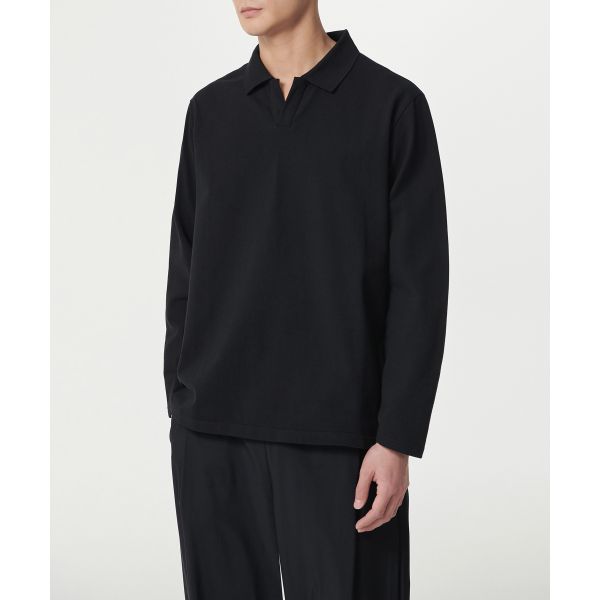 무신사 무신사 스탠다드 MUSINSA STANDARD 슬릿 넥 긴소매 피케 폴로 셔츠 블랙 MMDTL4Z03-BK 2644_이미지