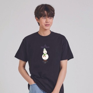  오너클랜 LNB394142키밍 성탄절 해피 뉴이어 눈사람 그래픽 반팔티 반팔티셔츠_그레이 130