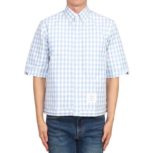 톰브라운 드로코드 깅엄 체크 더블 페이스 포플린 남자 반팔 셔츠 MWS257A F0166 480_이미지