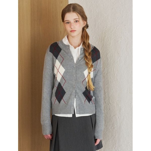 르샵 아가일 패턴 라운드넥 울 니트 가디건 DQ1CK008A_이미지