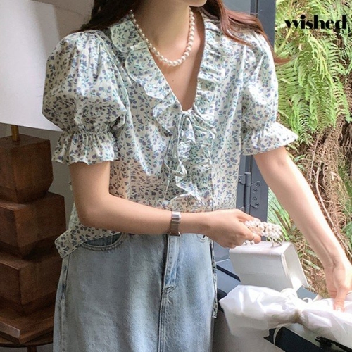  위시드 플라워 자수 리본 포인트 프릴 블라우스 WIAABL141
