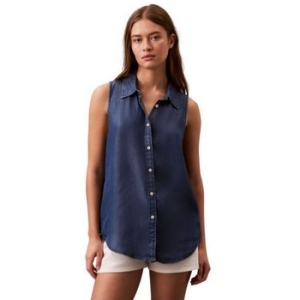 캘빈클라인 우먼 진 슬리브리스 민소매 버튼다운 셔츠 블루 오션 10768960
