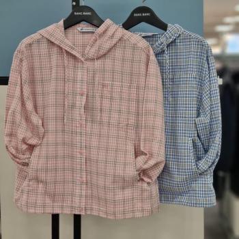 뱅뱅 HC21 여성 봄 오버핏 지지미 면 후드 체크 남방 NSM106 E45895527