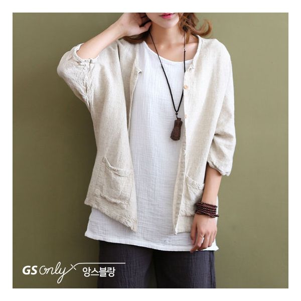 앙스블랑 린넨 루즈핏 노카라 버튼 자켓 N604 3515664 베이지 FREE_이미지