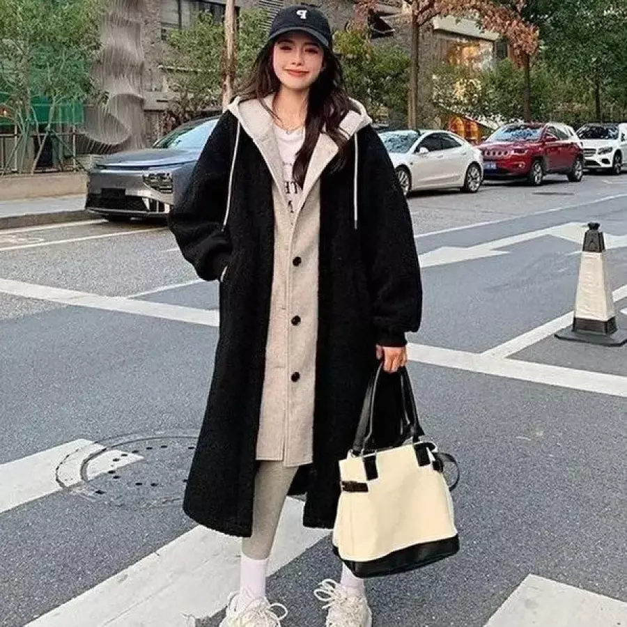 셀러허브 패션 뽀글이 레이어드 양털 후드 롱점퍼 빅사이즈 자켓 28398431