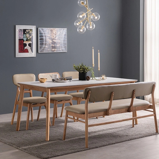 헤이미쉬홈 모리드 고무나무 원목 포세린 통세라믹 식탁 1800 (의자3개+벤치1개)_이미지