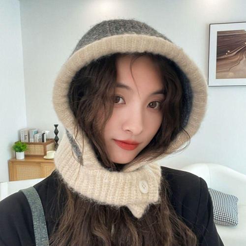 차콜 베이지 투톤 컬러 포근 단추 겨울 한파 털모자 WCEF521