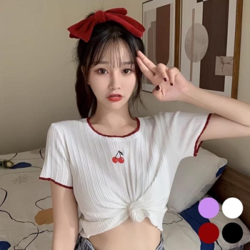 ONM 여성 상큼한 체리 자수 포인트 여름 반크롭 티셔츠 14392119