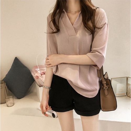 여성 줄리 오픈 카라넥 스트라이프 셔츠 AYN6BL130A_이미지
