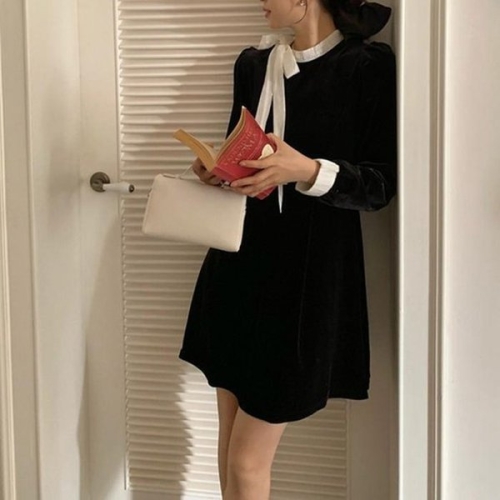 더블디 정장 벨벳 스트랩 리본 배색 원피스 TDN-0194 40698932A