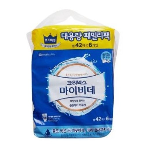 크리넥스 마이비데 클린케어 아쿠아 화장실용 물티슈 캡형 42매 (6팩)_이미지