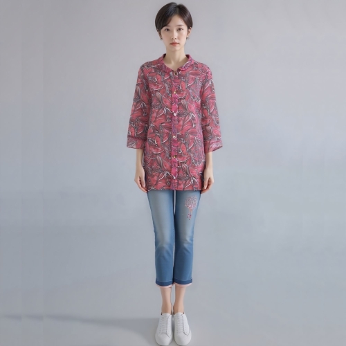 24년 봄 여름 중년 여성 하늘하늘 꽃 둥근 카라 블라우스RNM8BL498F-CC