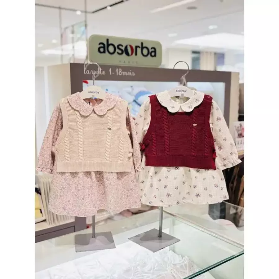 압소바 아기쌍둥이백일돌조카선물 베티 조끼 원피스 2벌 세트 AB2652OW13BUCR 버건디+크림
